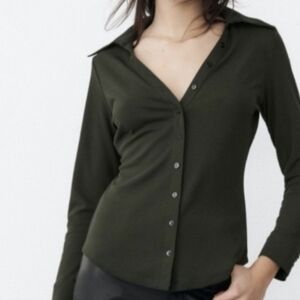 Zara Knit Fitted Button Down Green Collared Shirt Sz Medium